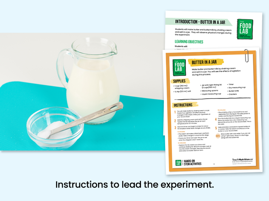 Ingredients to make butter - Instructions to lead the experiment - Food lab program - STEM