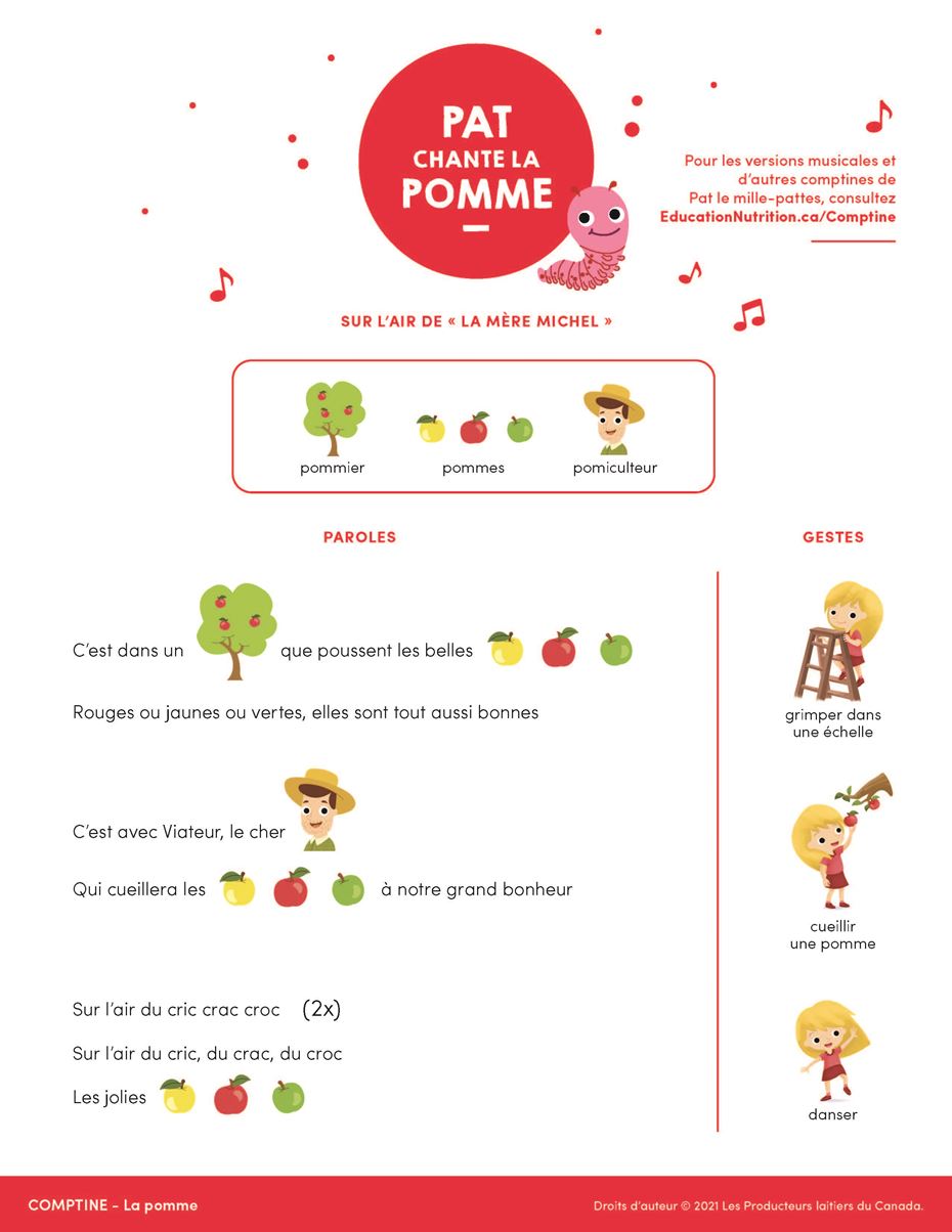 Lyrics to Pat chante la pomme song - in color - FR