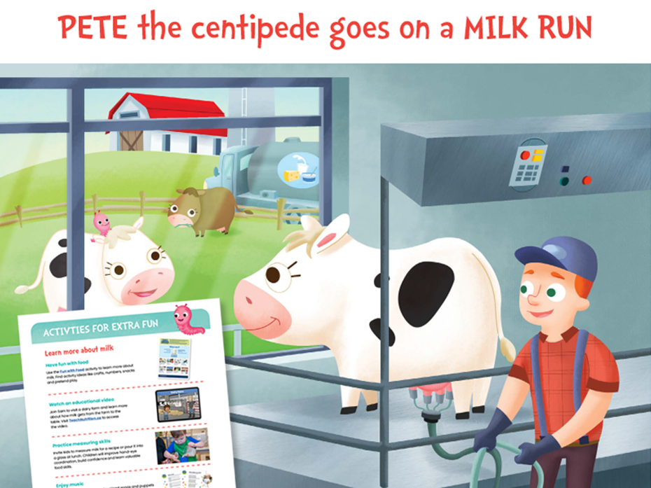 Pete the centipede goes on a milk run- illustration of a farmer milking a cow in a barn.