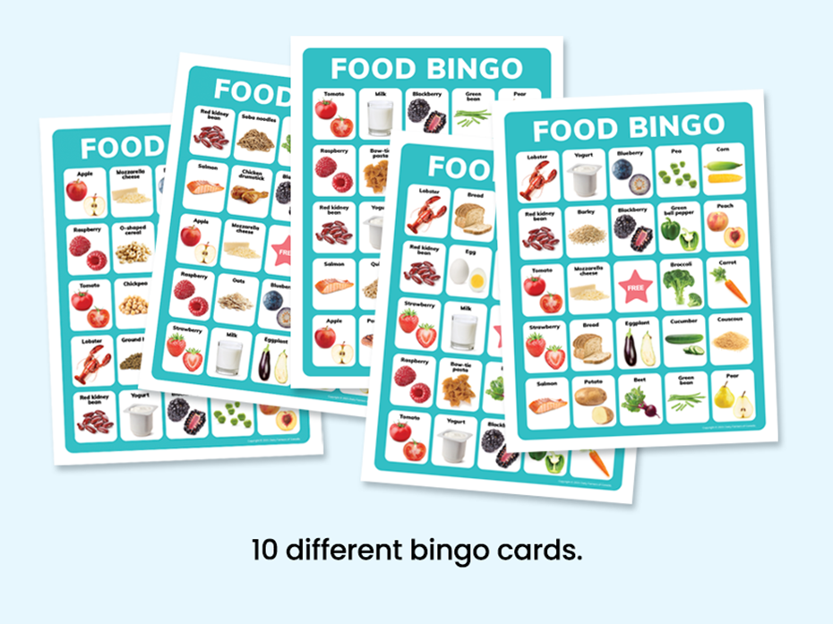 4 bingo cards with food pictures instead of numbers