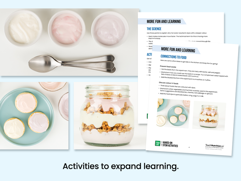 Yogurt dip, cookies and yogurt parfaits using food dyes - activities to expand learning - Food lab program - STEM