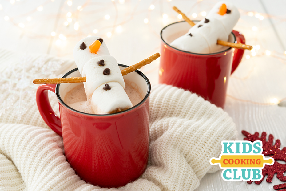 Snowman hot chocolate made with marshmallows and served in a red mug