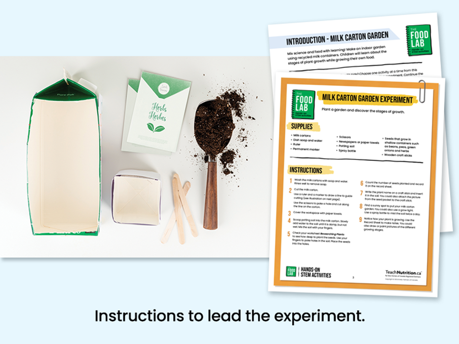 Milk Carton Garden - Milk carton, packet of seeds and soil - Instructions to lead the experiment - Food lab program - STEM