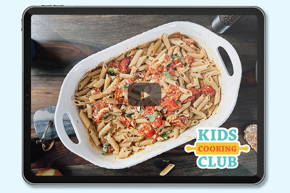 casserole with pasta, tomatoes, Feta cheese and basil. Logo: Kids Cooking Club. 