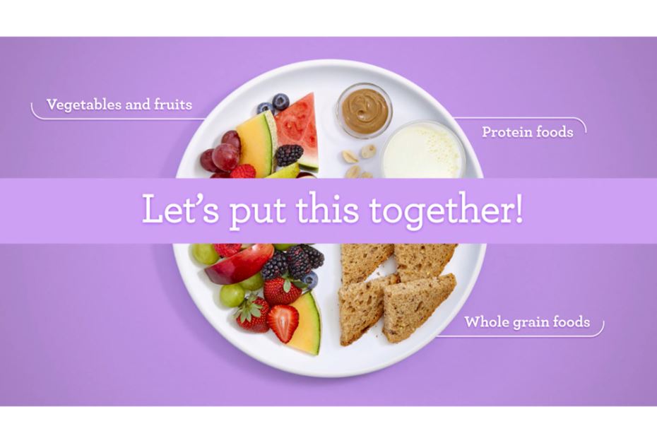 plate with foods from the 3 categories of Canada's Food Guide. Text on the screen: protein foods, vegetables and fruits and whole grain foods- Let's put this together