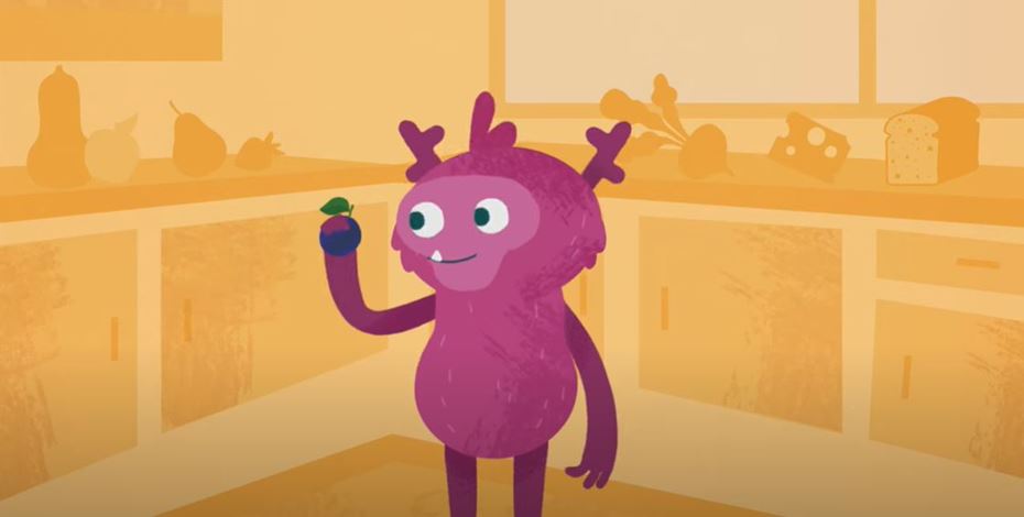 Illustrated monster in a kitchen eating a blueberry