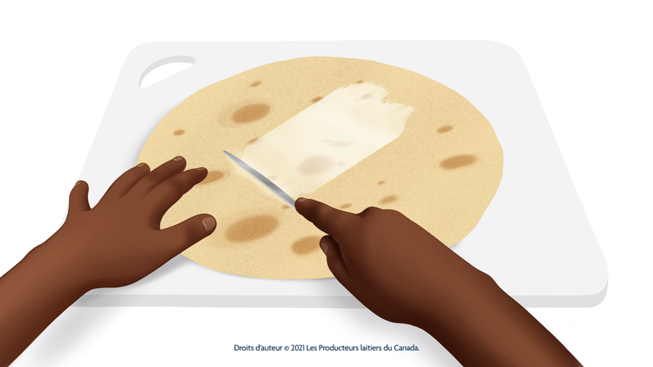 Animation on how to spread butter on a tortilla