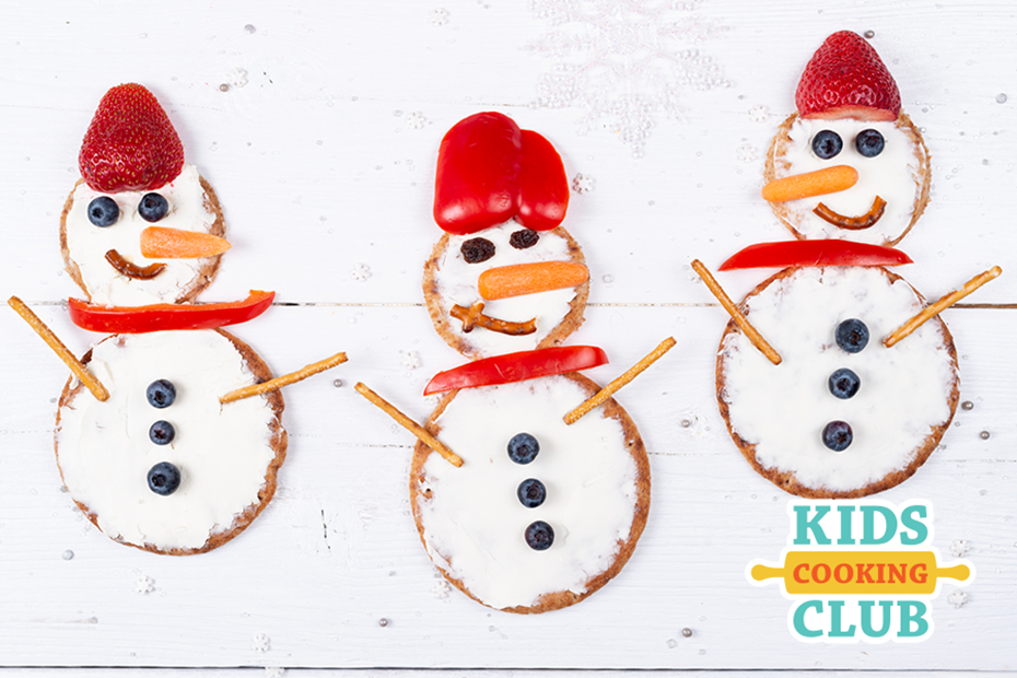 Breakfast Snowpal made with naan bread, cream cheese and fruits and vegetables for eyes, nose and hat