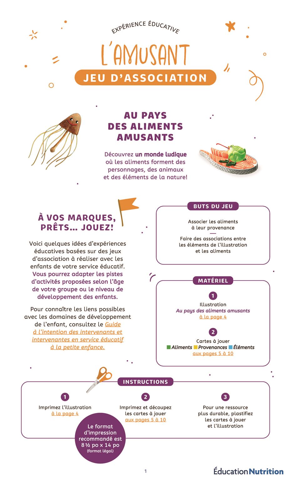 Page From Jeux D'association Au Pays Des Aliments Amusants - images of a squid and salmon - FR
