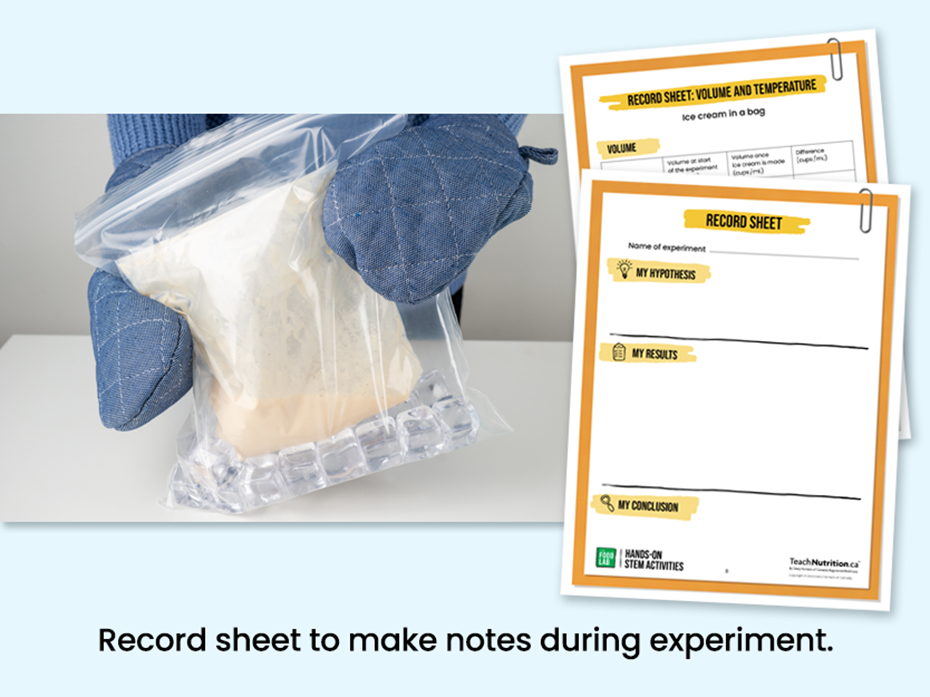 Ingredients in a bag to make ice cream  - Record sheet to take notes during experiment - Food lab program - STEM