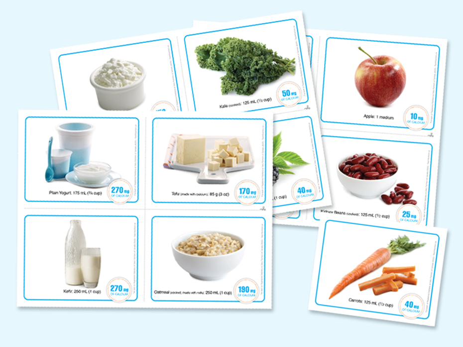 flash cards with foods that contain different amounts of calcium
