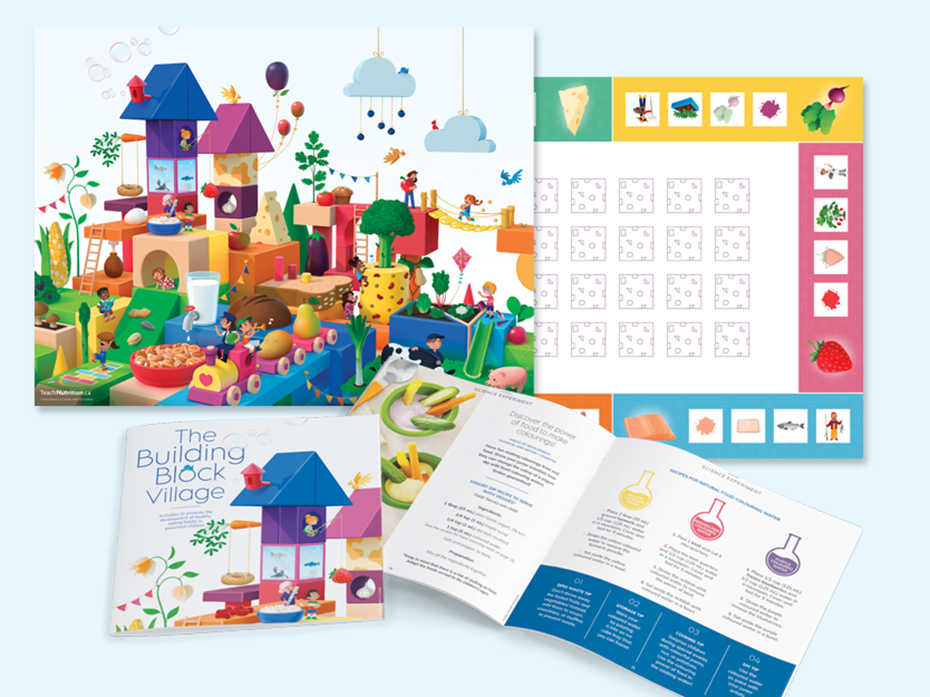 poster with food illustrations, table top game and activity booklet