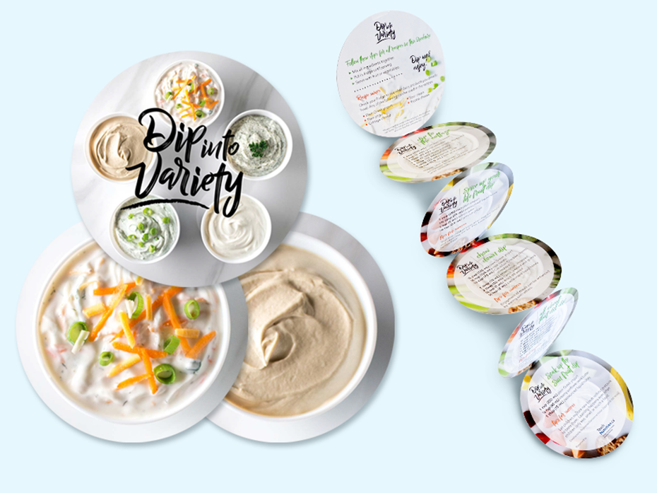 5 dips in bowls. Text on image: Dip Into Variety