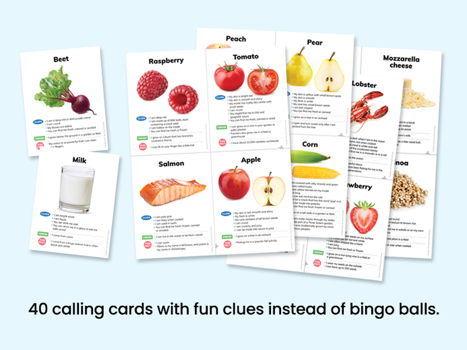 bingo calling cards with food images