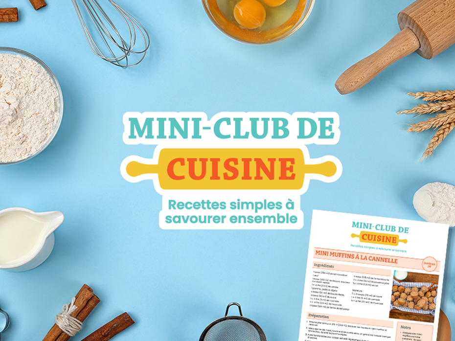 Logo Mini Club de cuisine entouré d’ingrédients pour cuisiner et ustensiles de cuisine sur un fond bleu. Texte: Recettes simples à savourer ensemble.