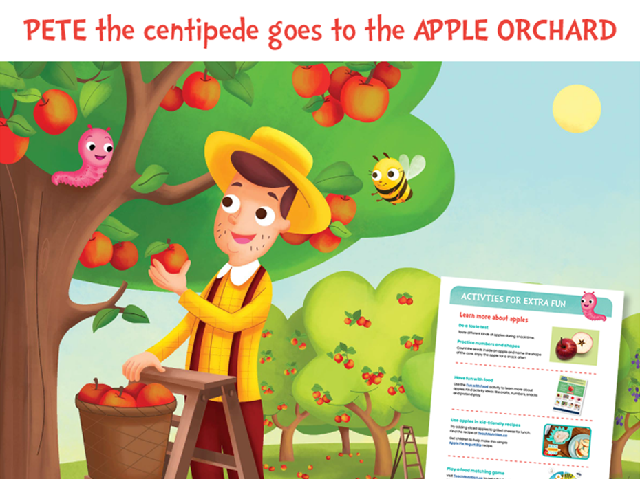 Pete the centipede goes to the apple orchard- illustration of an apple grower picking apples in the orchard.