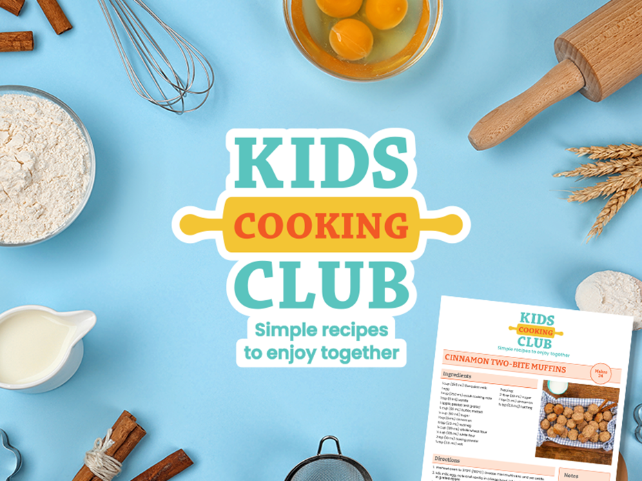 Kids Cooking Club logo with baking ingredients and cooking utensils displayed around it on blue background. Text: Simple Recipes to Enjoy Together.