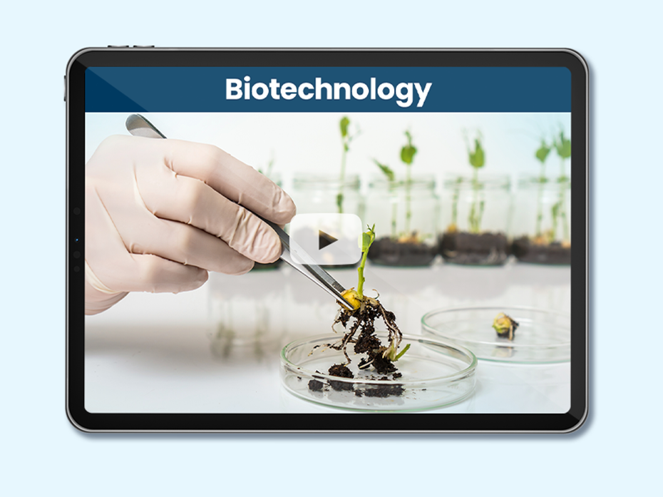 Petri dish with a plant in a lab. Text on image: Biotechnology