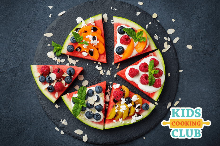 Watermelon pizza with yogurt as the sauce and fruit as toppings