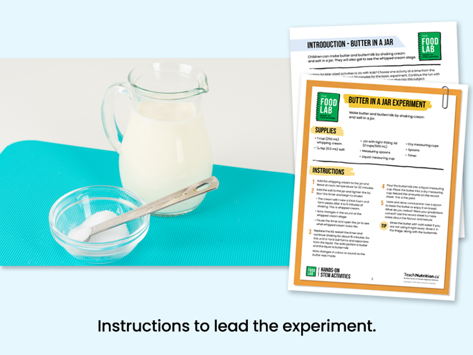 Ingredients to make butter - Instructions to lead the experiment - Food lab program - STEM