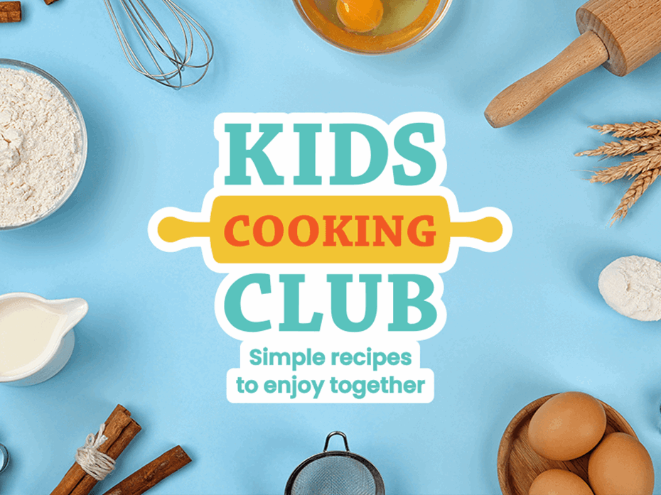 English logo " Kids Cooking Club" with baking ingredients and cooking utensils displayed around it on blue background. Text on image: Kids Cooking Club- Simple Recipes to Enjoy Together