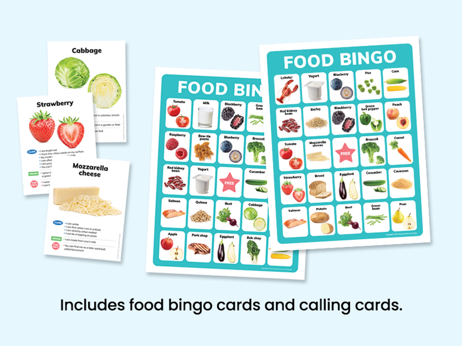 bingo cards and calling cards with food pictures