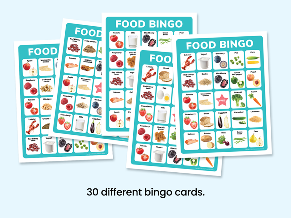 bingo cards with food images