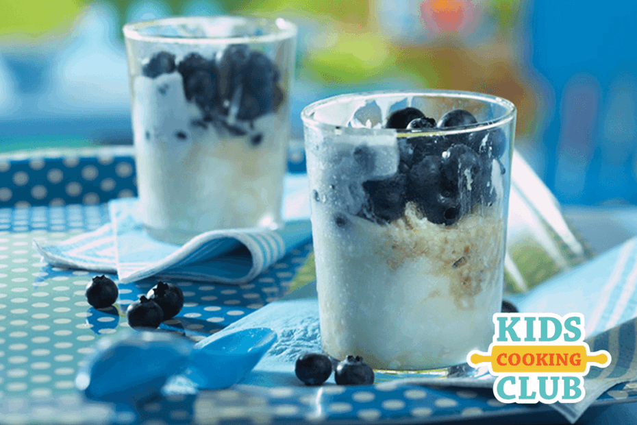 Blueberry Parfait made with oats and served in a small glass